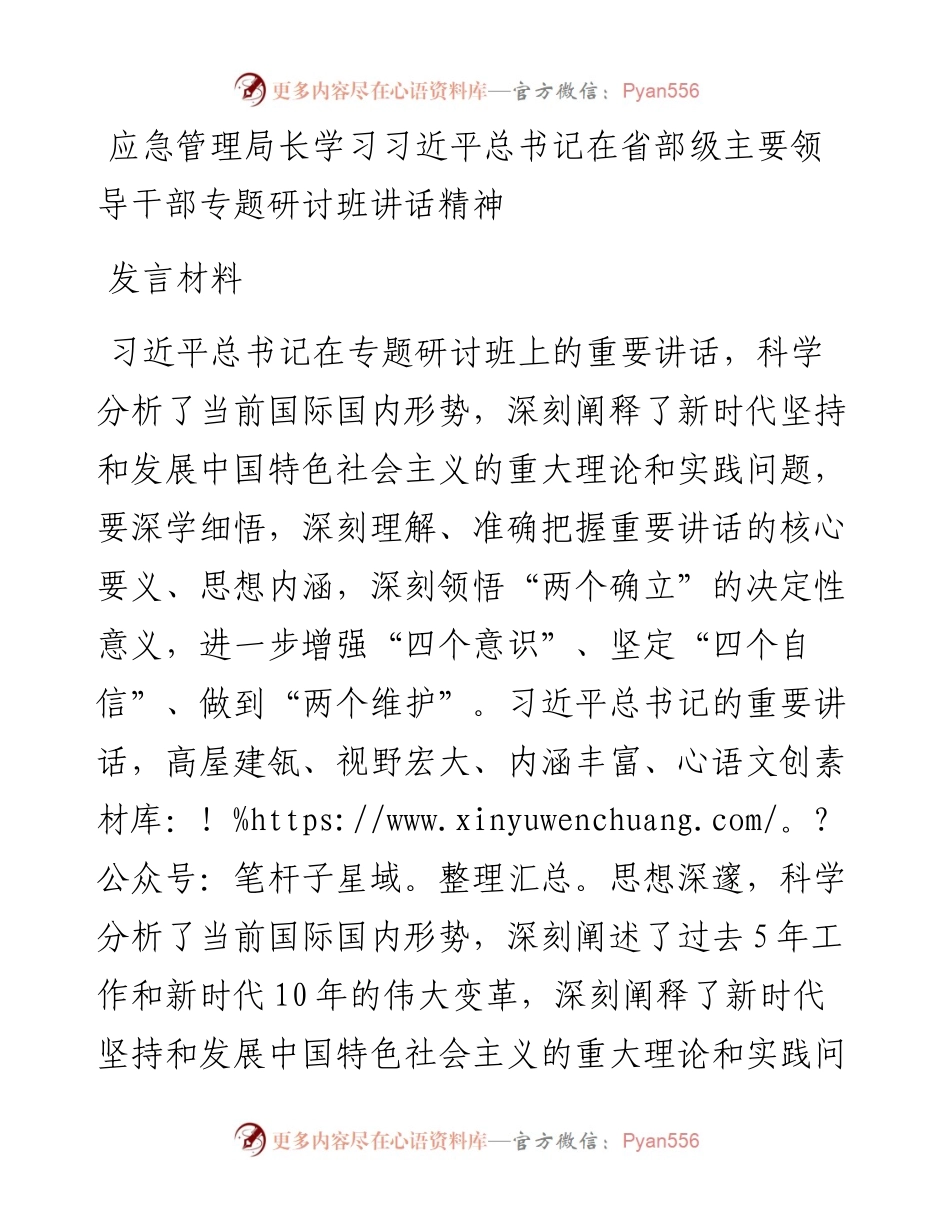 应急管理局长学习习近平总书记在省部级主要领导干部专题研讨班讲话精神发言材料.docx_第1页