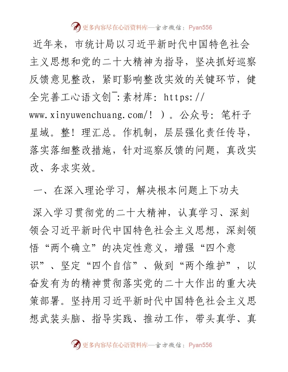 市统计局领导干部关于巡察整改工作研讨发言：“五下功夫”推动巡察整改与业务工作双融合.docx_第1页