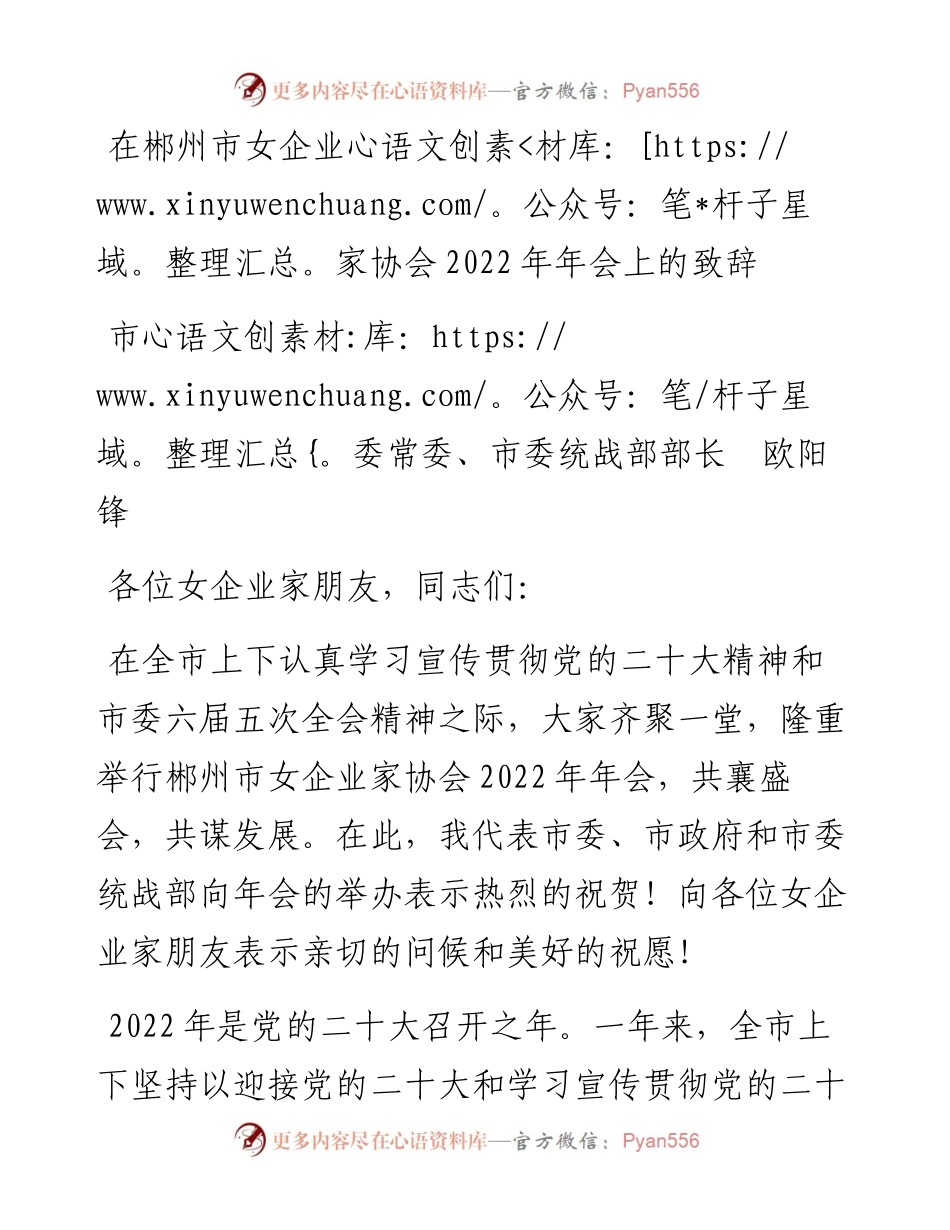 欧阳锋：在郴州市女企业家协会年会上的致辞（1216）.docx_第1页