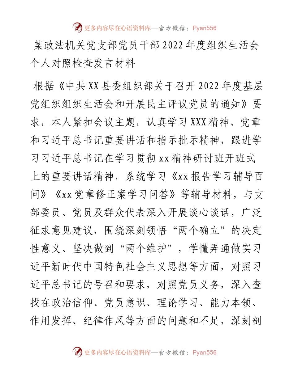 某政法机关党支部党员干部度组织生活会个人对照检查发言材料.docx_第1页