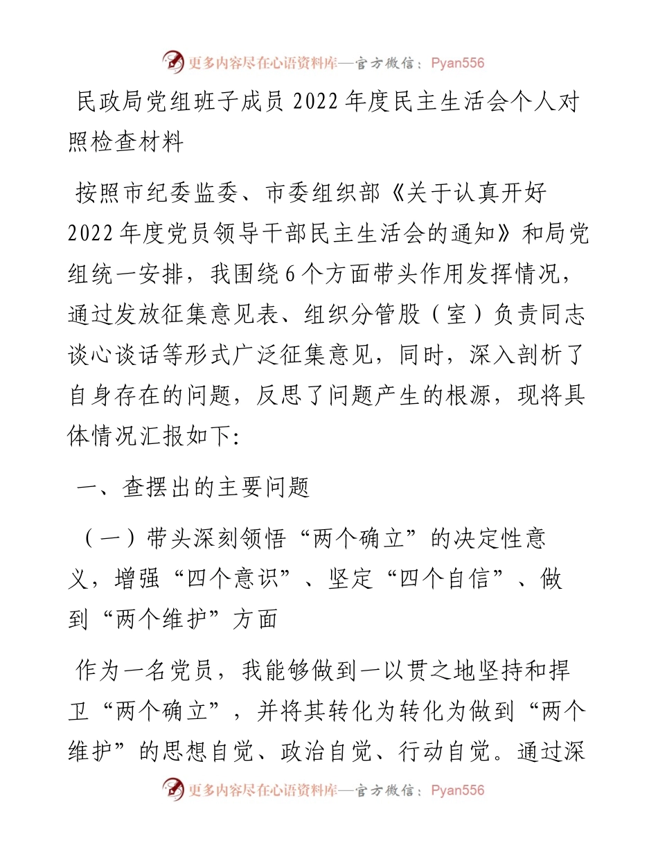 民政局党组班子成员度民主生活会个人对照检查材料.docx_第1页