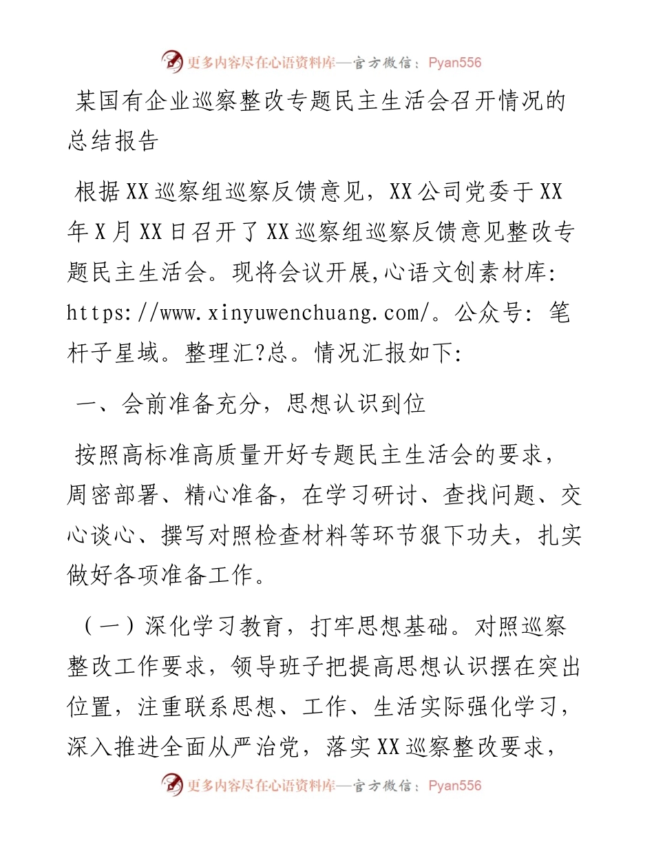 某国有企业巡察整改专题民主生活会召开情况的总结报告.docx_第1页