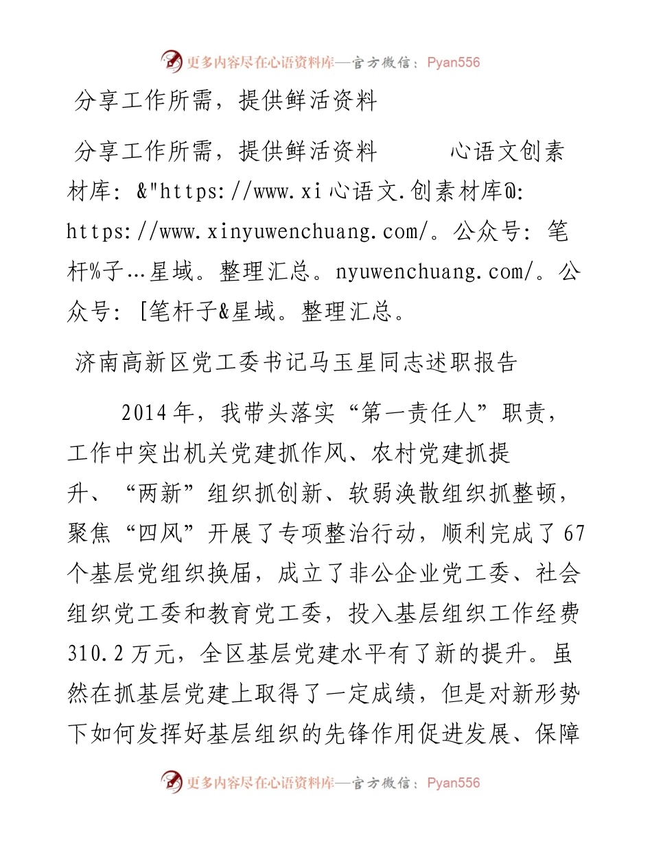 济南高新区党工委书记马玉星同志述职报告.docx_第1页