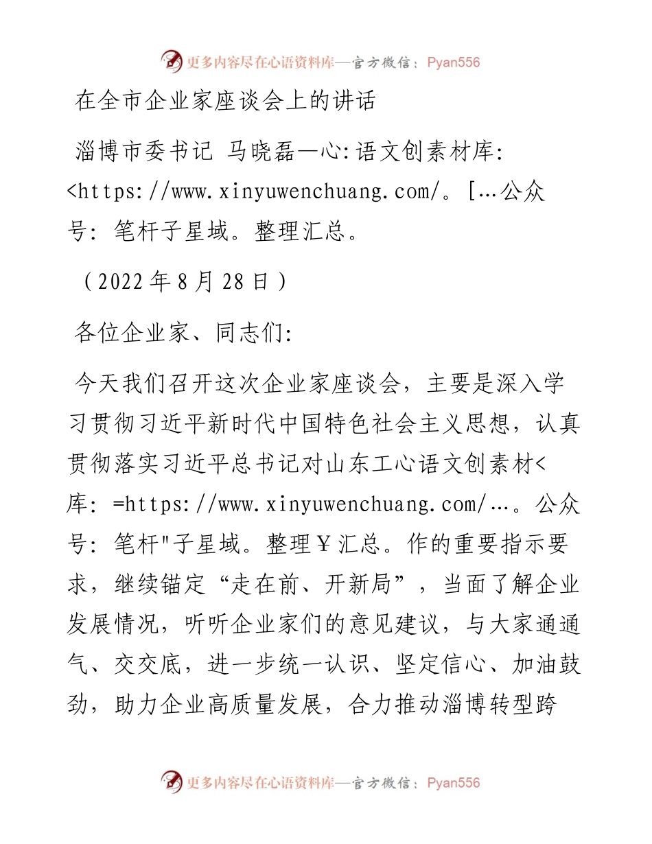 淄博市委书记马晓磊：在全市企业家座谈会上的讲话（0828）.docx_第1页
