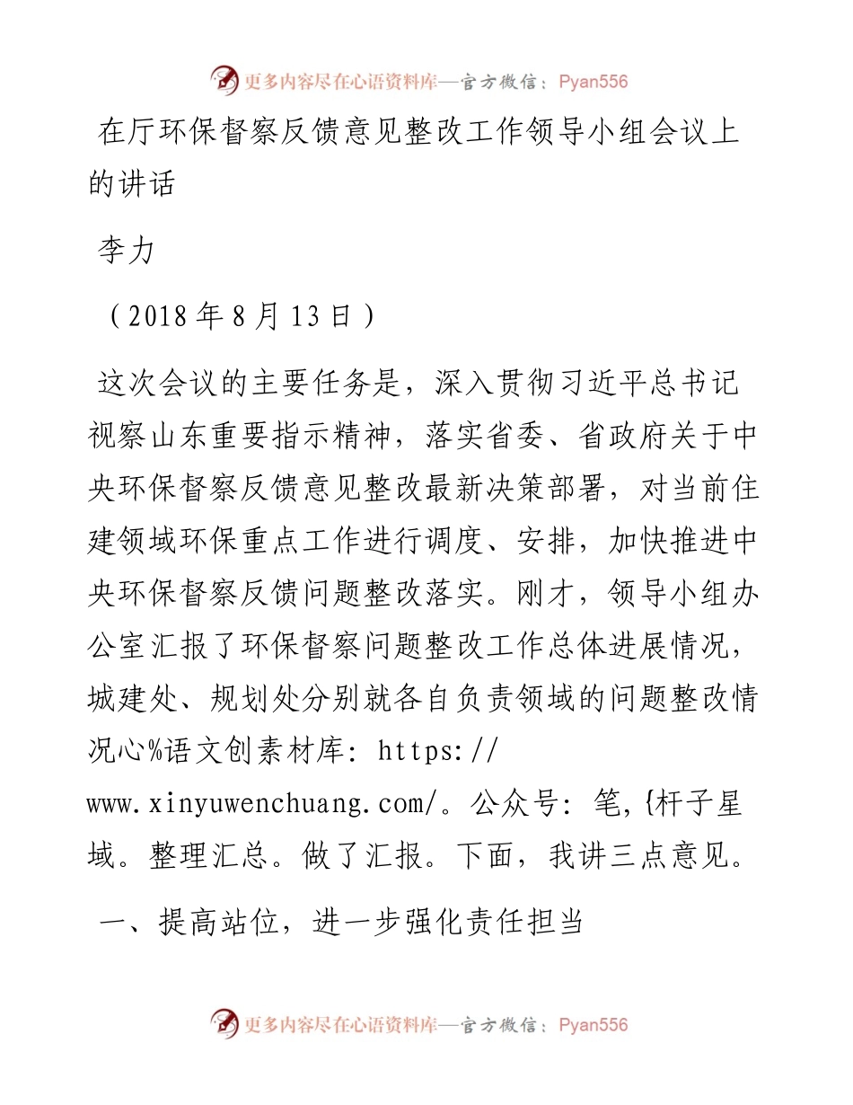李力：在厅环保督察反馈意见整改工作领导小组会议上的讲话(1).docx_第1页