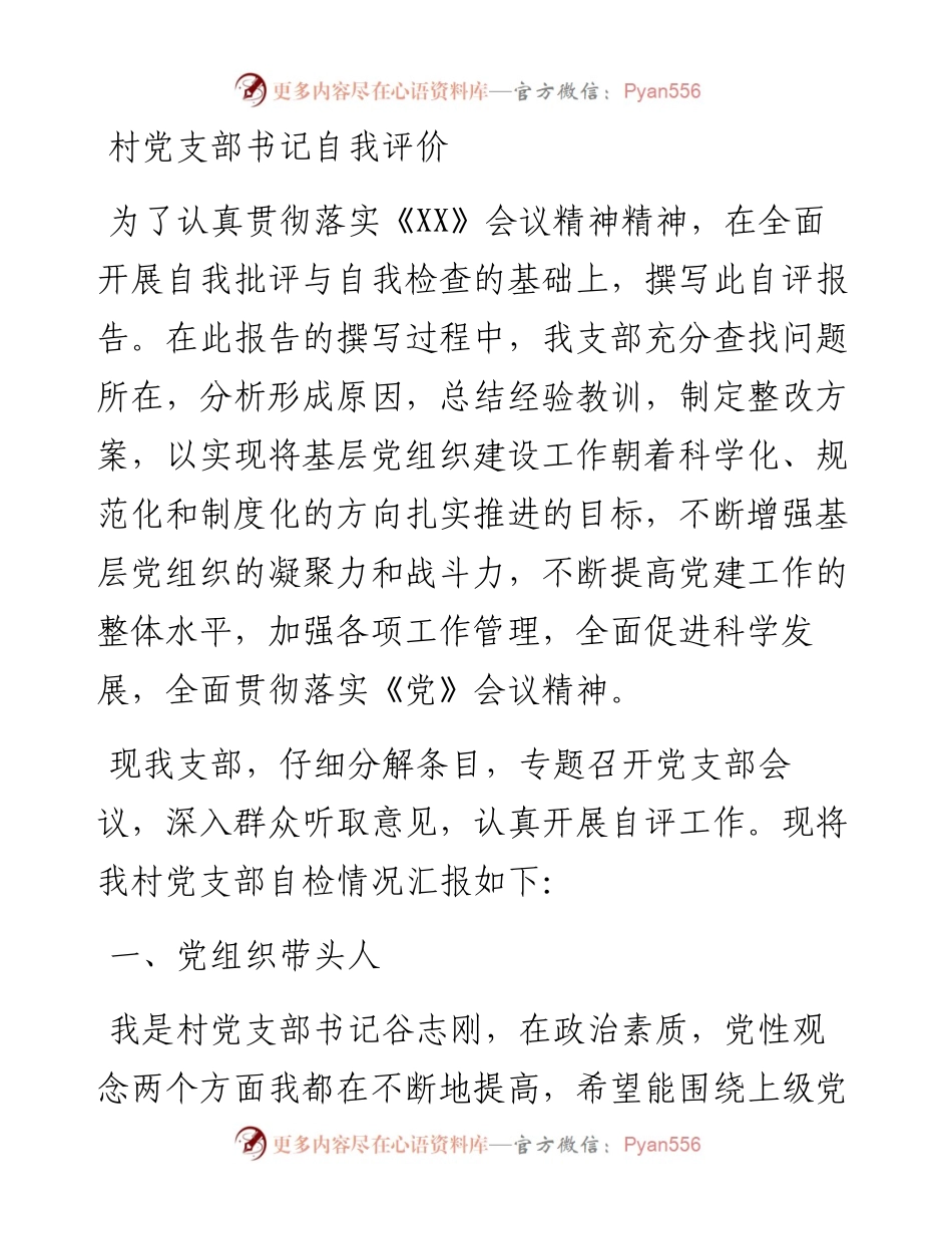 村党支部书记自我评价3篇村书记自我评价.docx_第1页