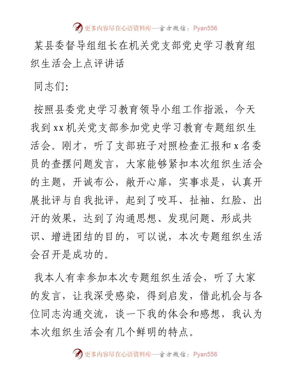 督导组组长在机关党支部党史学习教育组织生活会上点评讲话(1).docx_第1页