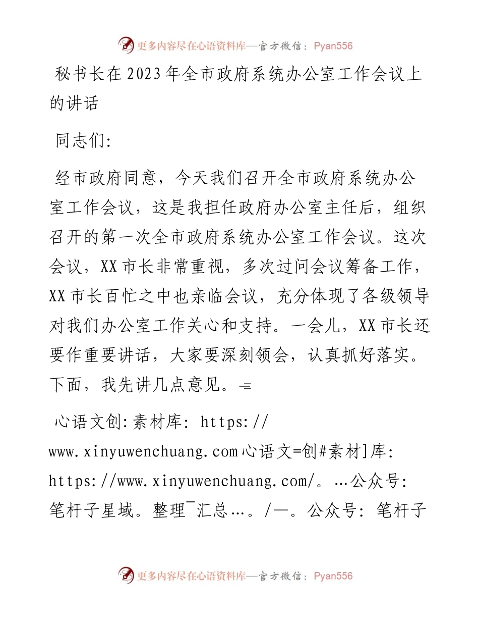 秘书长在2023年全市政府系统办公室工作会议上的讲话.docx_第1页