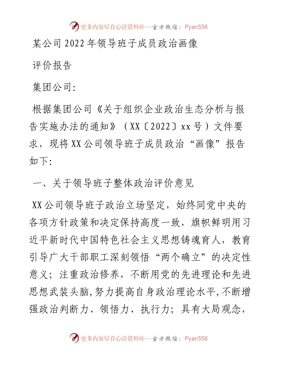 某公司领导班子成员政治画像评价报告.docx_第1页