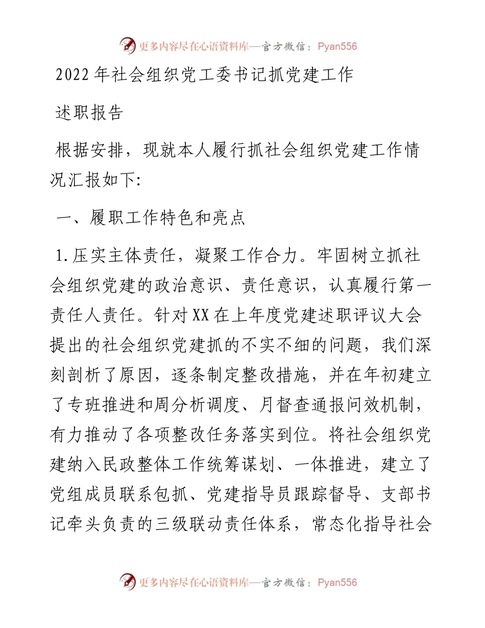 社会组织党工委书记抓党建工作述职报告.docx_第1页