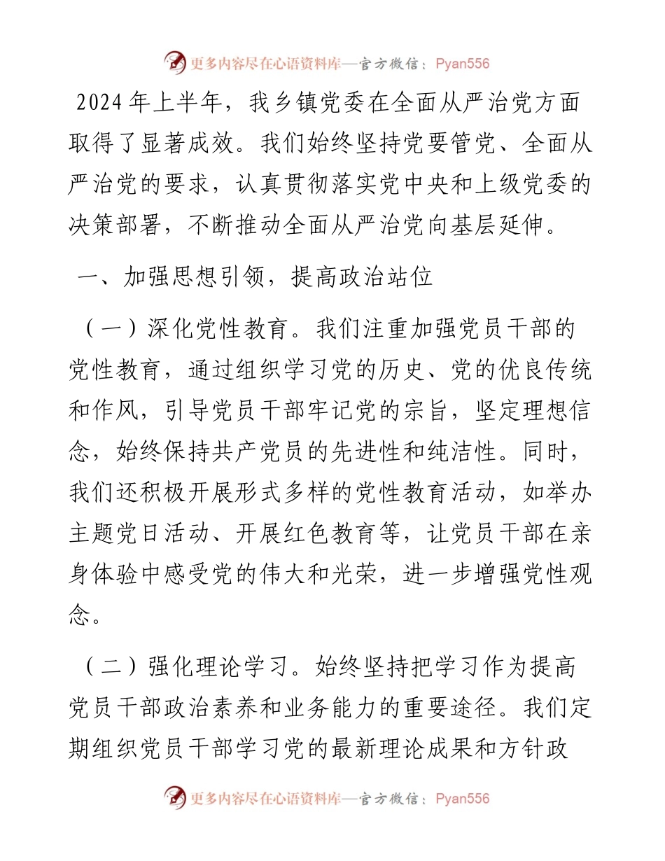 某乡镇党委书记2024年上半年全面从严治党情况报告.docx_第1页