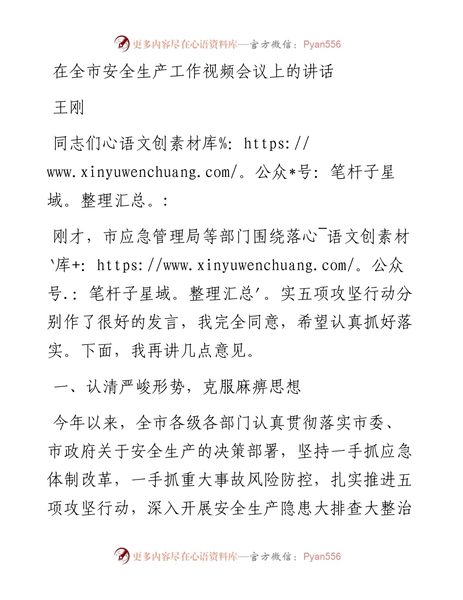 王刚：在全市安全生产工作视频会议上的讲话.docx_第1页