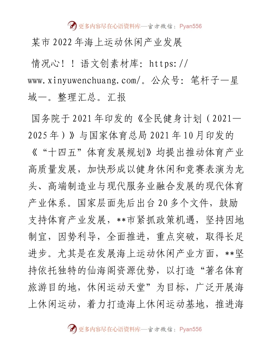 某市海上运动休闲产业发展情况汇报.docx_第1页