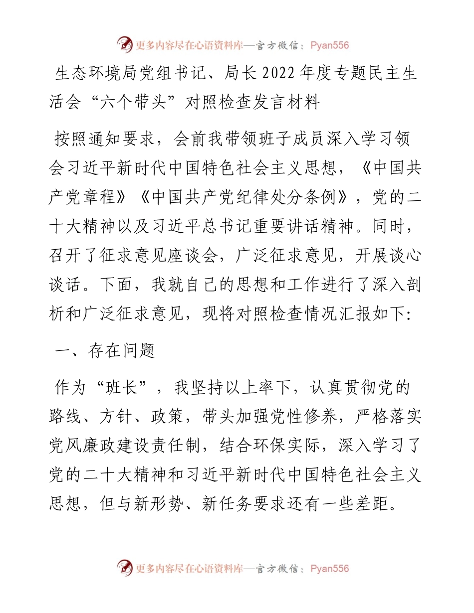 生态环境局党组书记、局长度专题民主生活会“六个带头”对照检查发言材料.docx_第1页