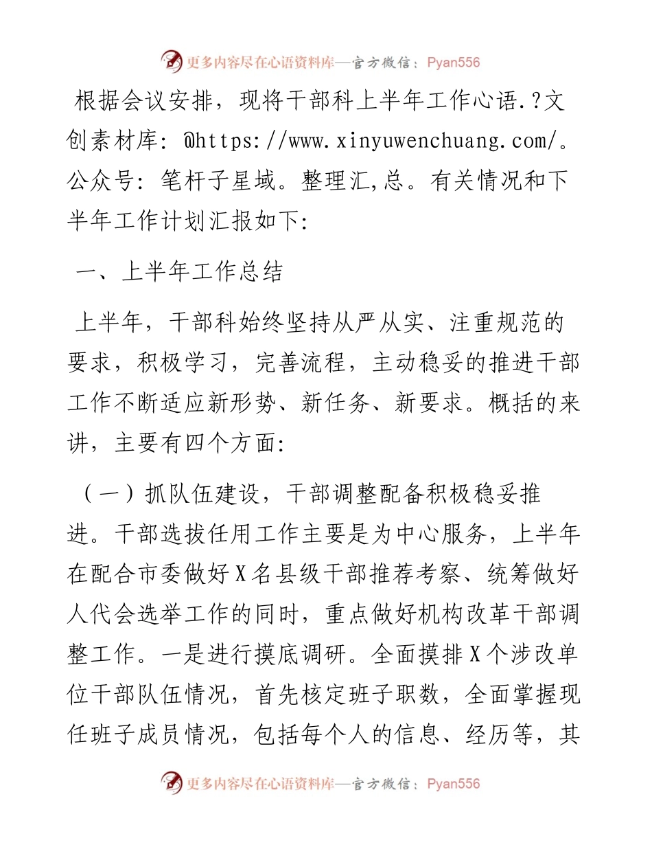 组织部干部科上半年工作总结和下半年工作计划.docx_第1页