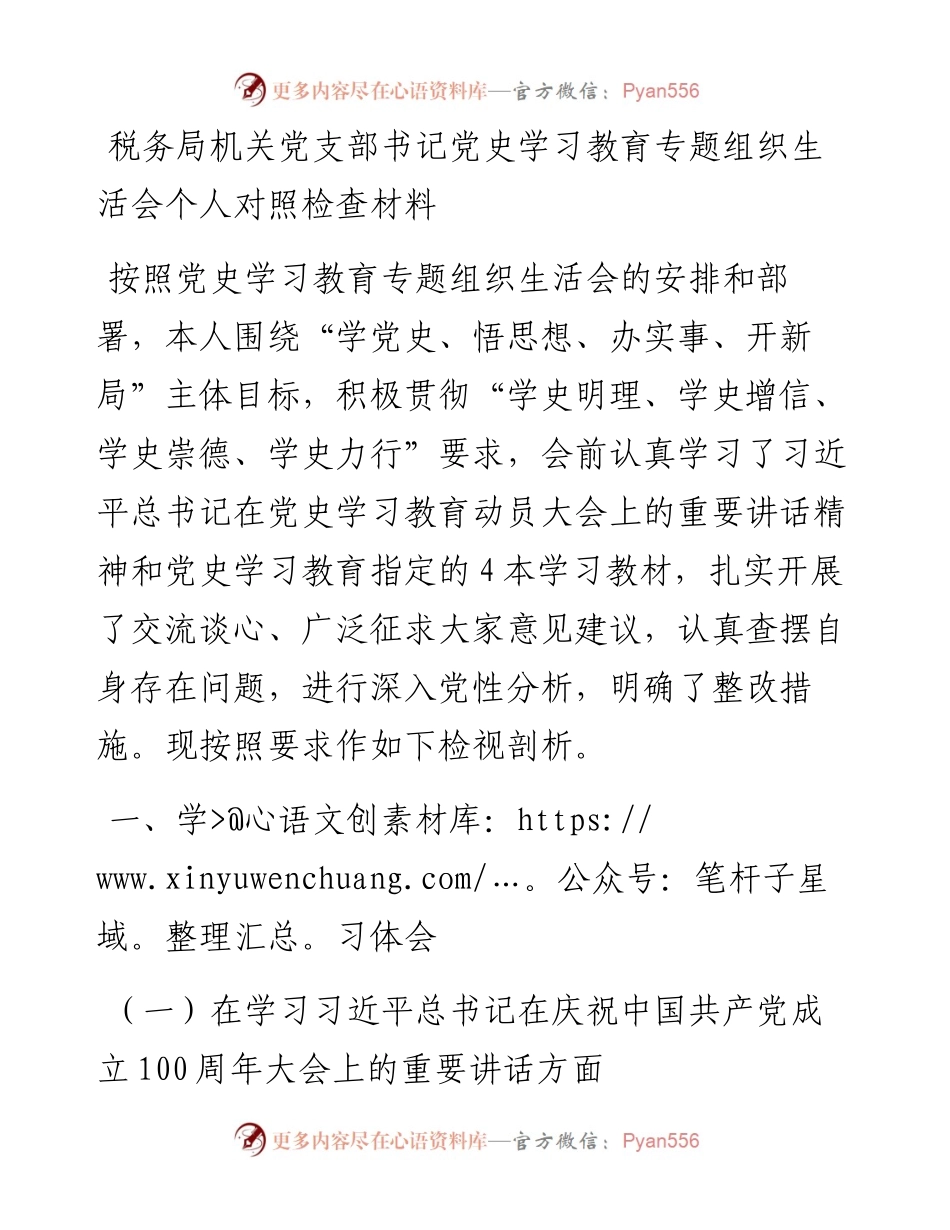 税务局机关党支部书记党史学习教育专题组织生活会个人对照检查材料.docx_第1页