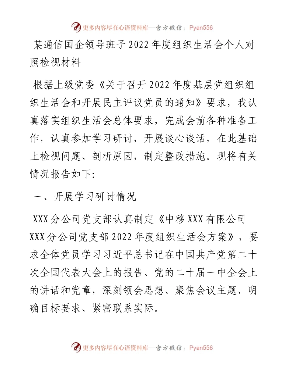 某通信国企领导班子度组织生活会个人对照检视材料.docx_第1页