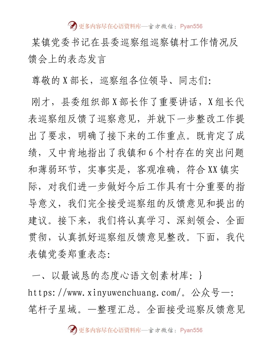 某镇党委书记在县委巡察组巡察镇村工作情况反馈会上的表态发言.docx_第1页