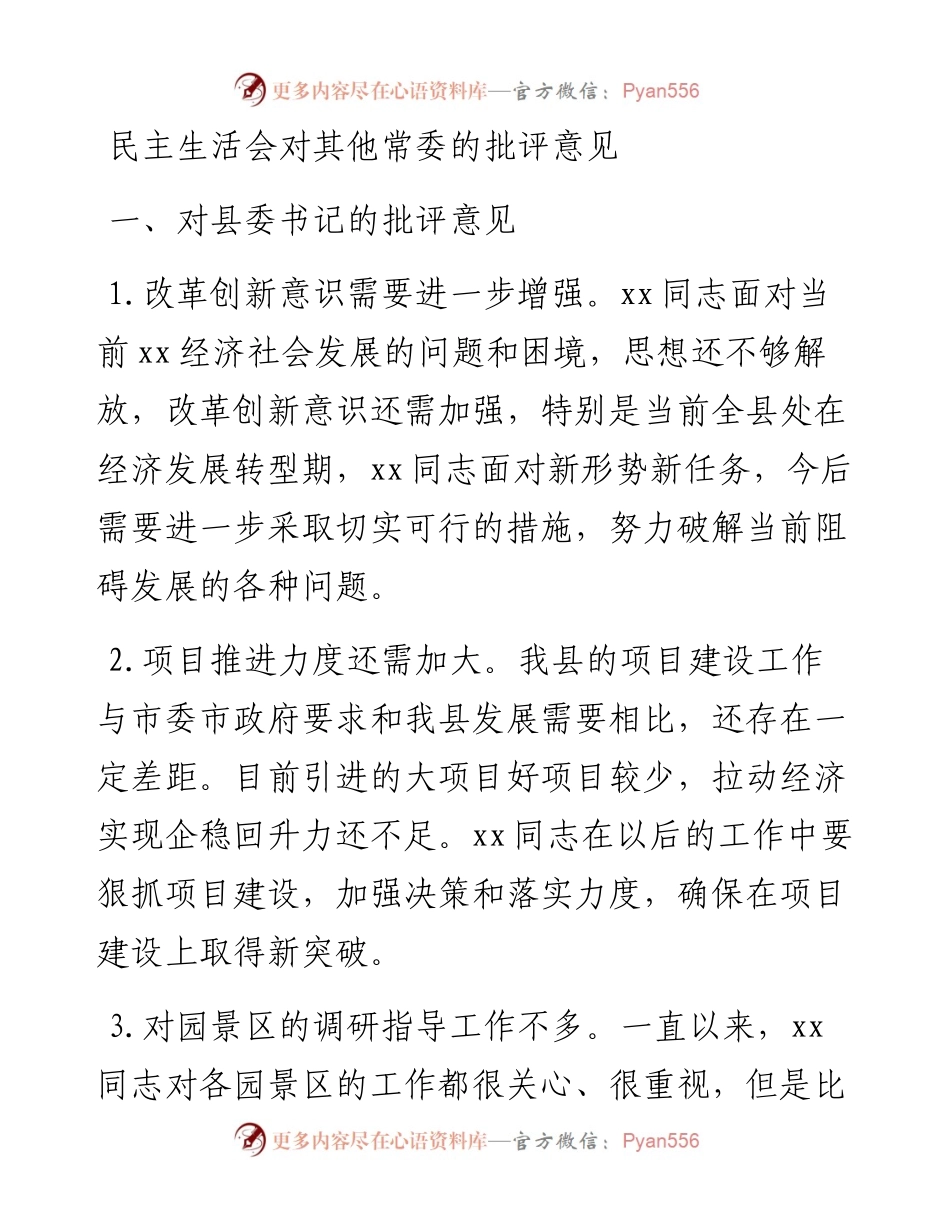 民主生活会对其他常委的批评意见.docx_第1页