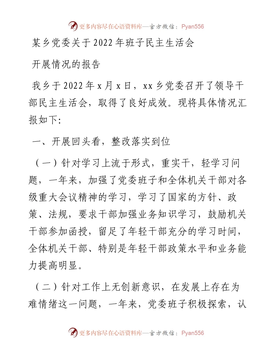 某乡党委关于班子民主生活会开展情况的报告.docx_第1页