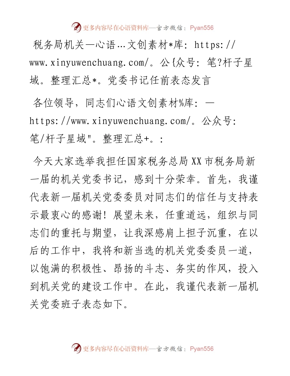 税务局机关党委书记任前表态发言.docx_第1页