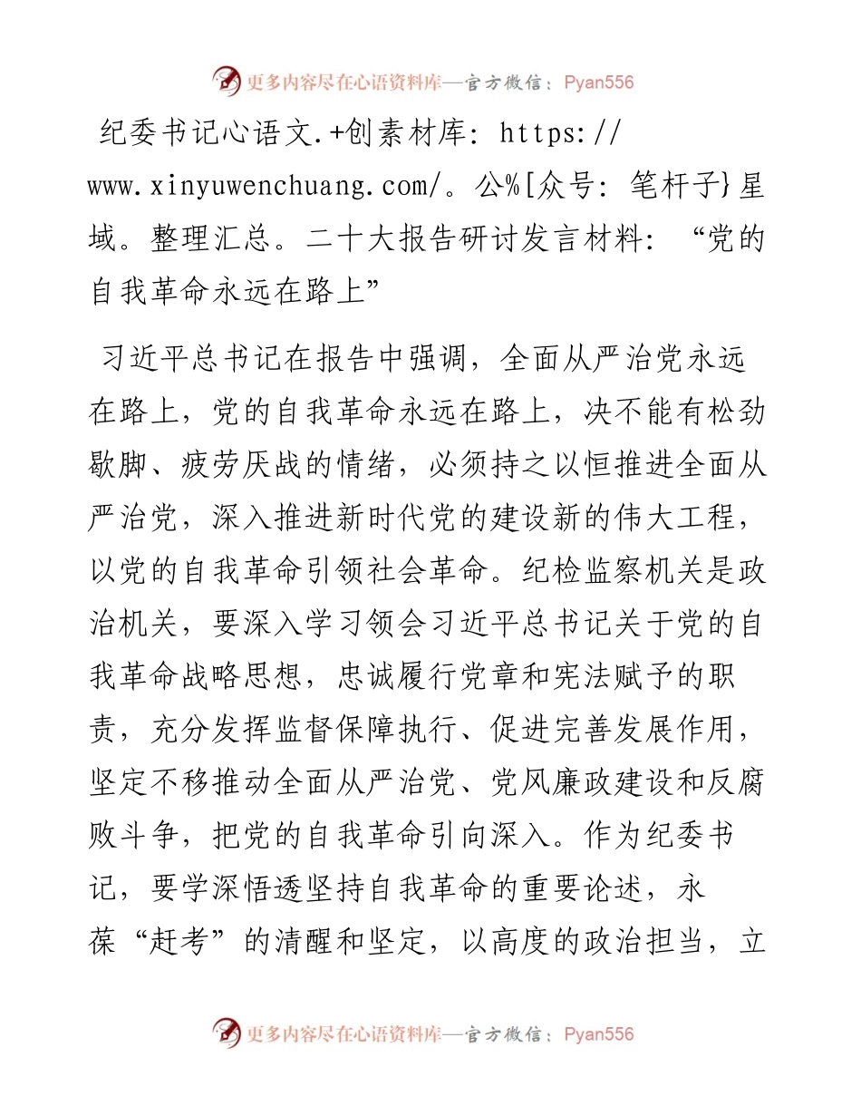纪委书记二十大报告研讨发言材料：“党的自我革命永远在路上”.docx_第1页