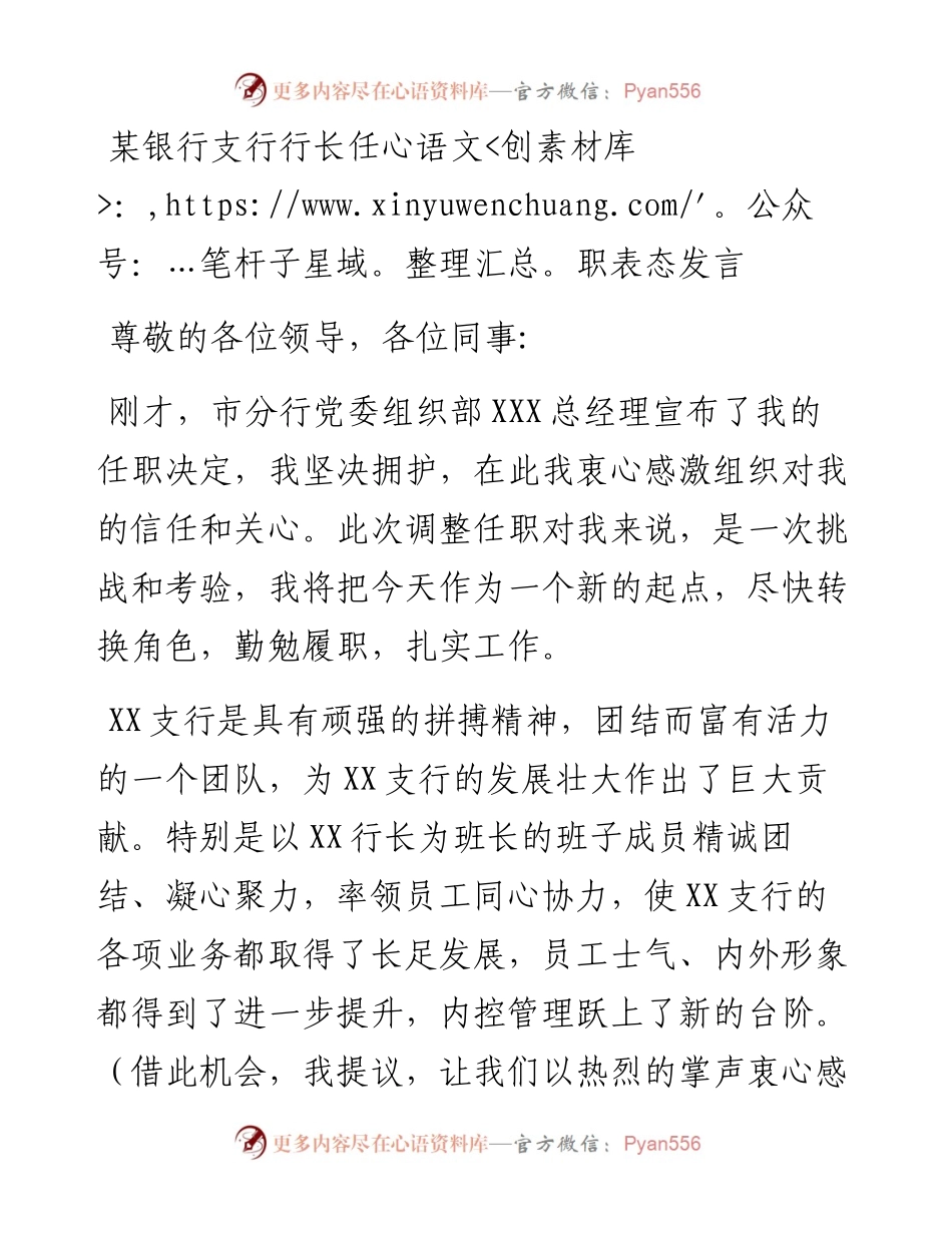 某银行支行行长任职表态发言.docx_第1页