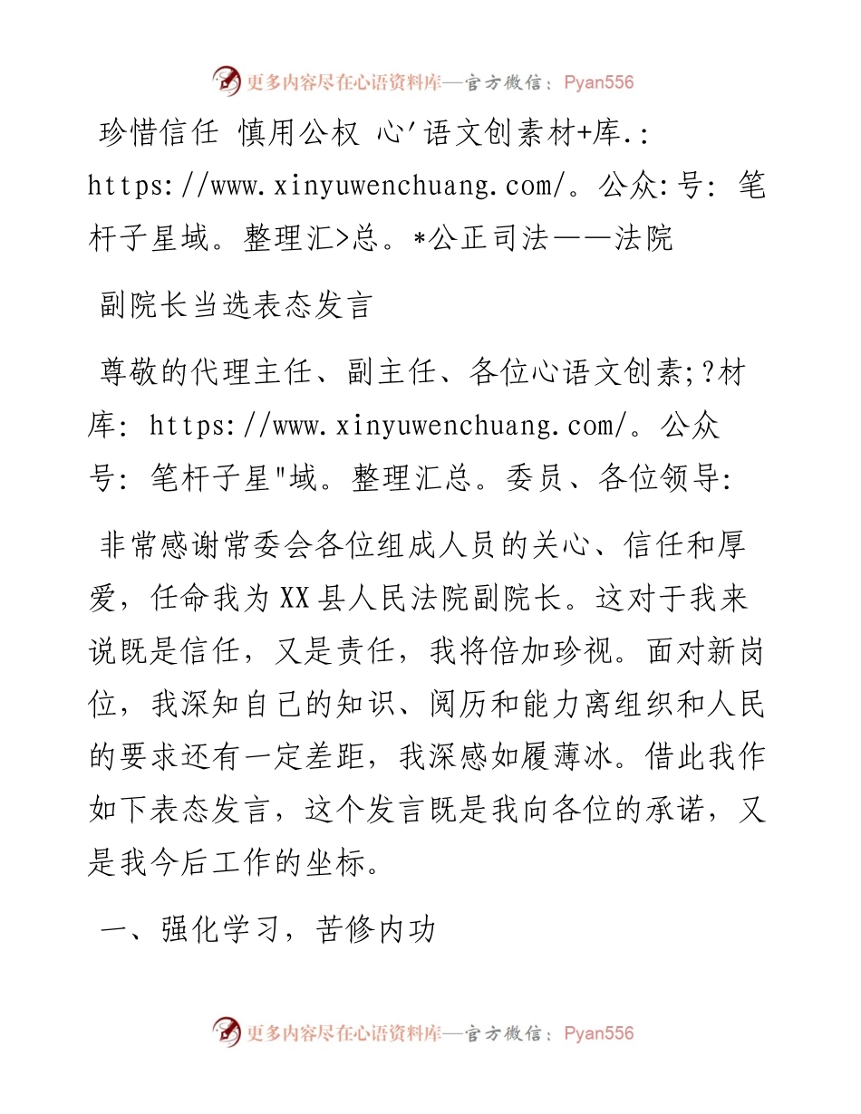 珍惜信任 慎用公权 公正司法：法院副院长当选表态发言.docx_第1页