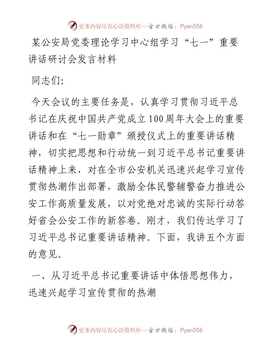 某公安局党委理论学习中心组学习“七一”重要讲话研讨会发言材料(1).docx_第1页