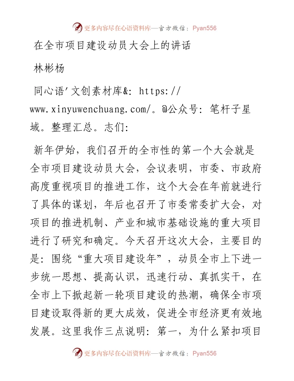 林彬杨：在全市项目建设动员大会上的讲话.docx_第1页