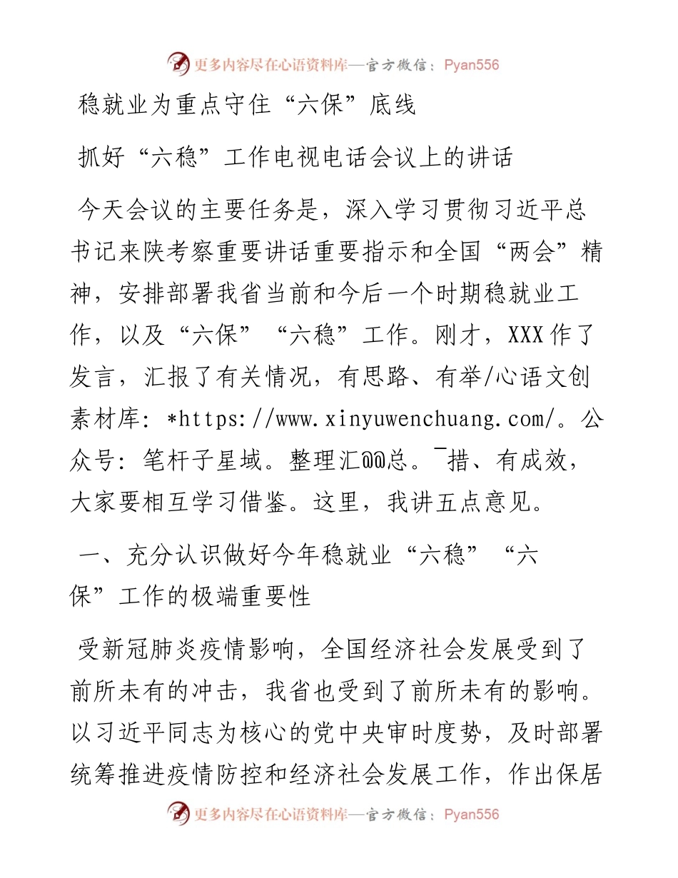 稳就业为重点守住六保底线抓好六稳工作电视电话会议上的讲话(1).docx_第1页