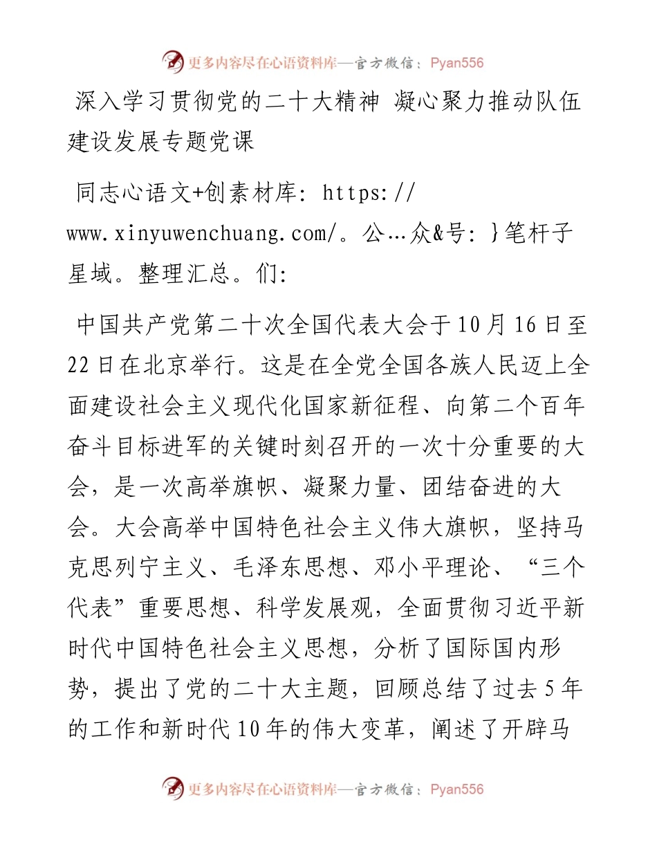 深入学习贯彻党的二十大精神+凝心聚力推动队伍建设发展专题党课.docx_第1页