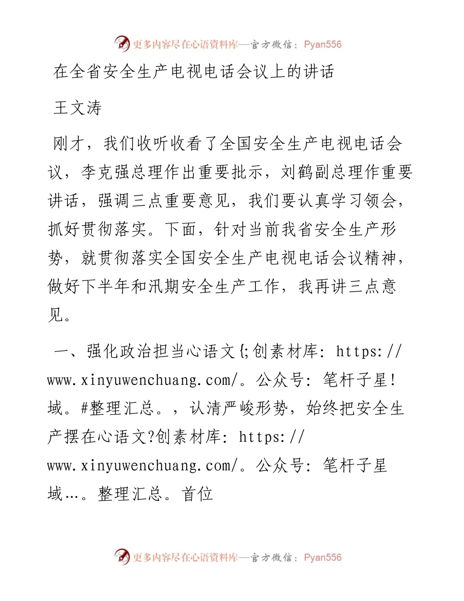 王文涛：在全省安全生产电视电话会议上的讲话(1).docx_第1页