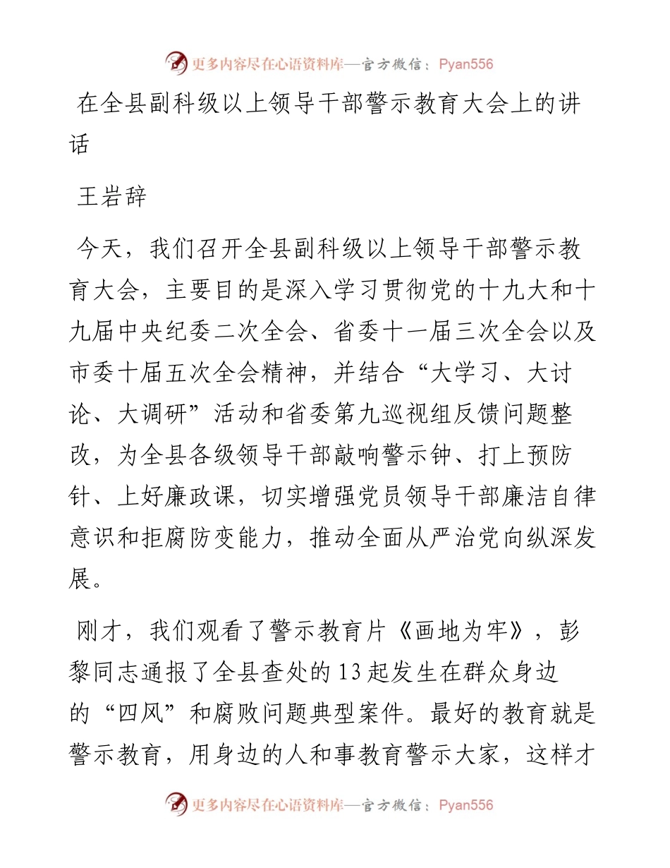 王岩辞：在全县副科级以上领导干部警示教育大会上的讲话(1).docx_第1页