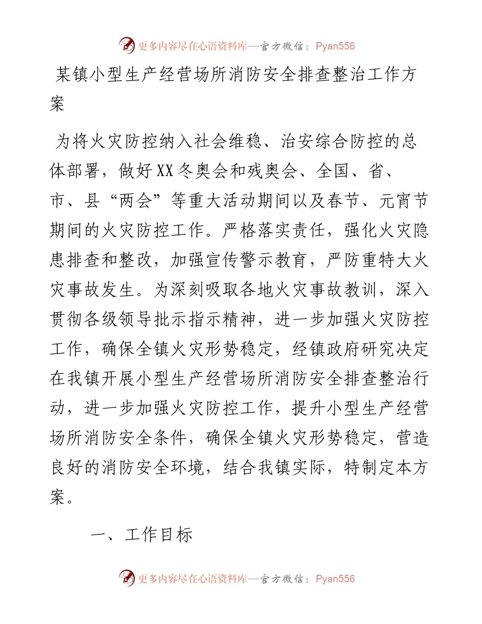 某镇小型生产经营场所消防安全排查整治工作方案.docx_第1页