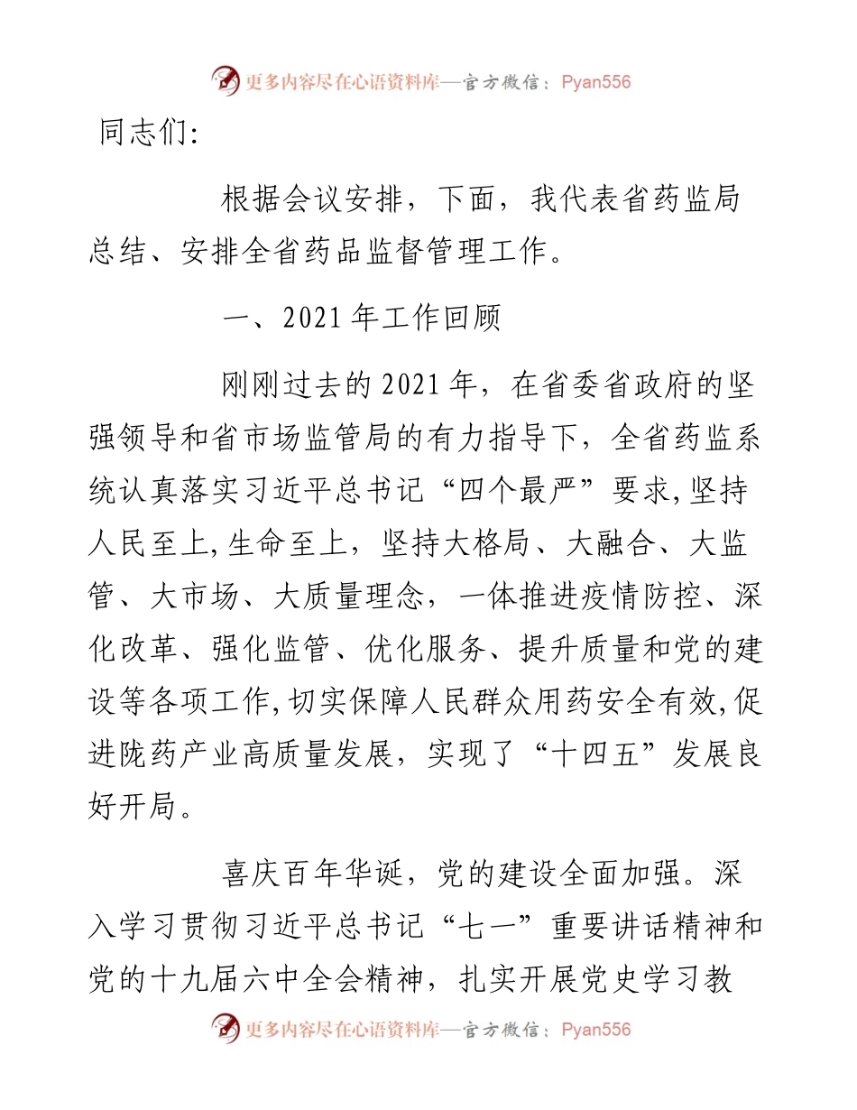 省药监局局长在全省药品监管系统会议上的工作报.docx_第1页