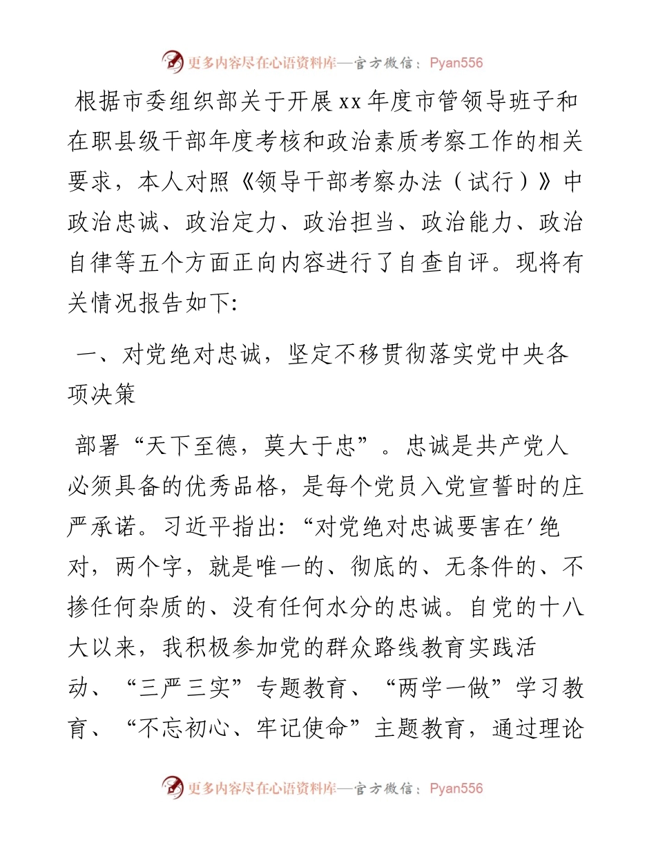 班子考察提拔县处科级党员领导干部政治建设个人自查自评报告.docx_第1页