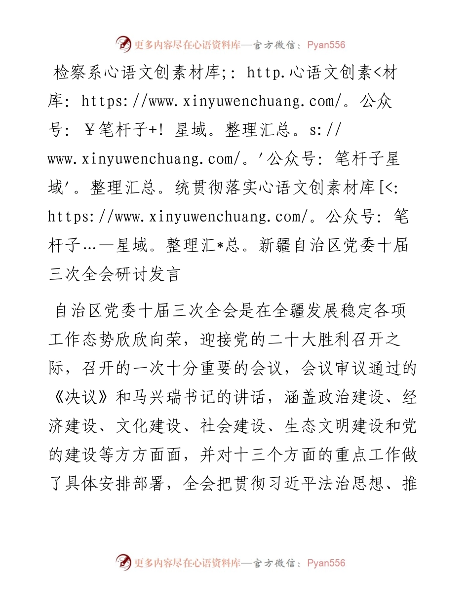 检察系统贯彻落实新疆自治区党委十届三次全会研讨发言.docx_第1页
