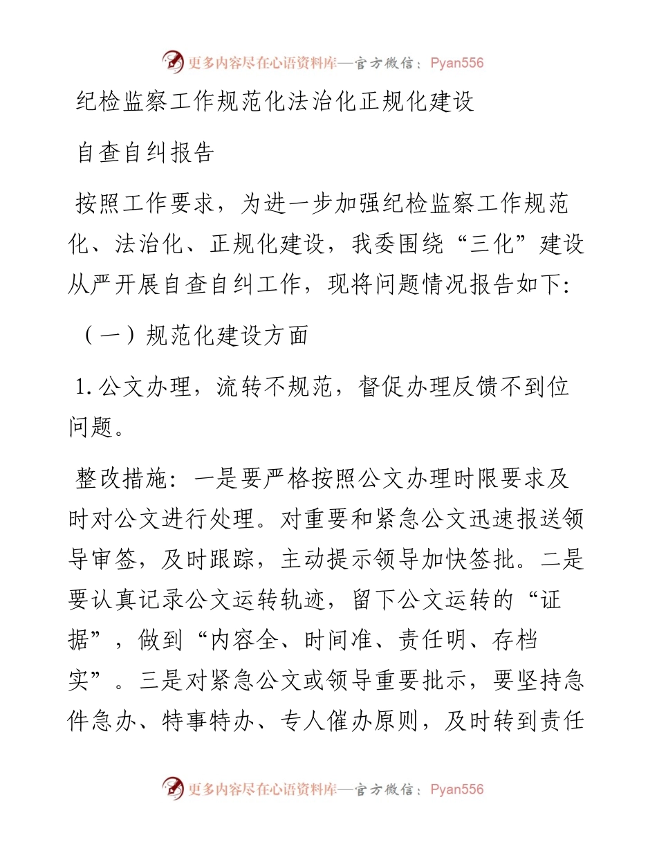 纪检监察工作规范化法治化正规化建设自查自纠报告.docx_第1页