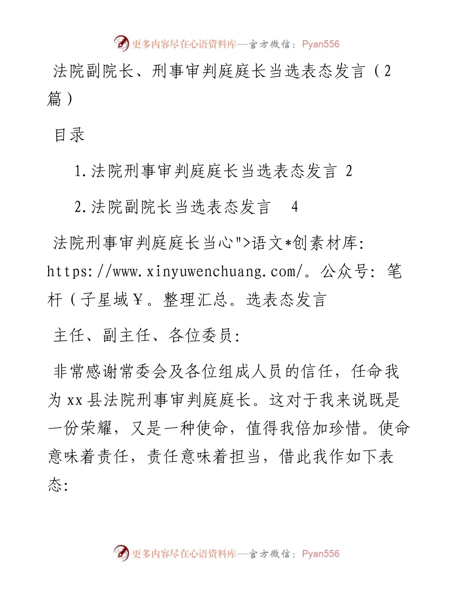 法院副院长、刑事审判庭庭长当选表态发言（2篇）.docx_第1页