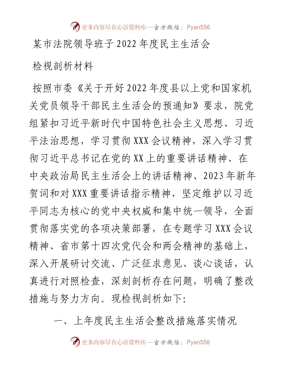 某市法院领导班子度民主生活会检视剖析材料.docx_第1页