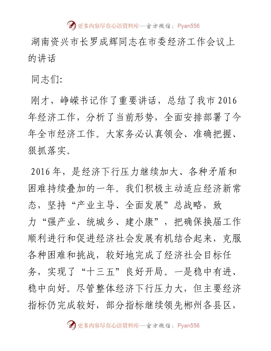 湖南资兴市长罗成辉同志在市委经济工作会议上的讲话.docx_第1页