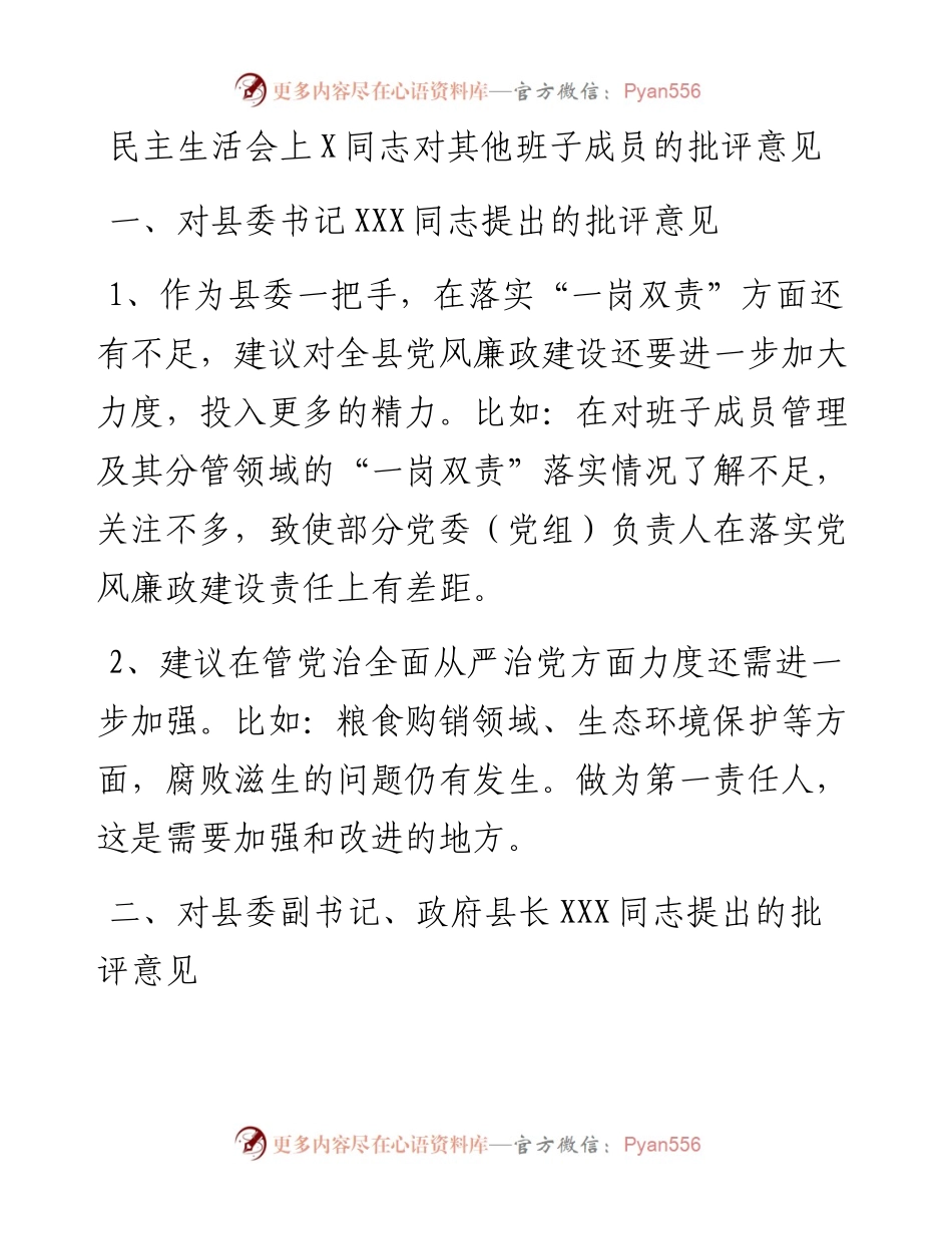 民主生活会上X同志对其他班子成员的批评意见.docx_第1页
