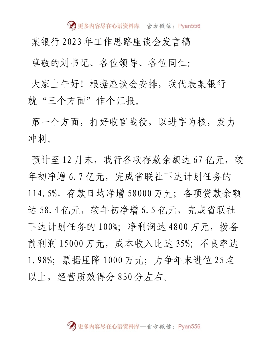 某银行2023年工作思路座谈会发言稿.docx_第1页