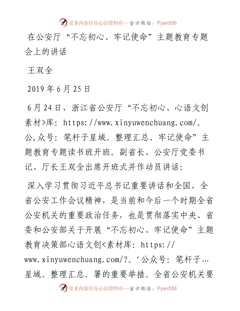 王双全：在公安厅“不忘初心、牢记使命”主题教育专题会上的讲话.docx_第1页