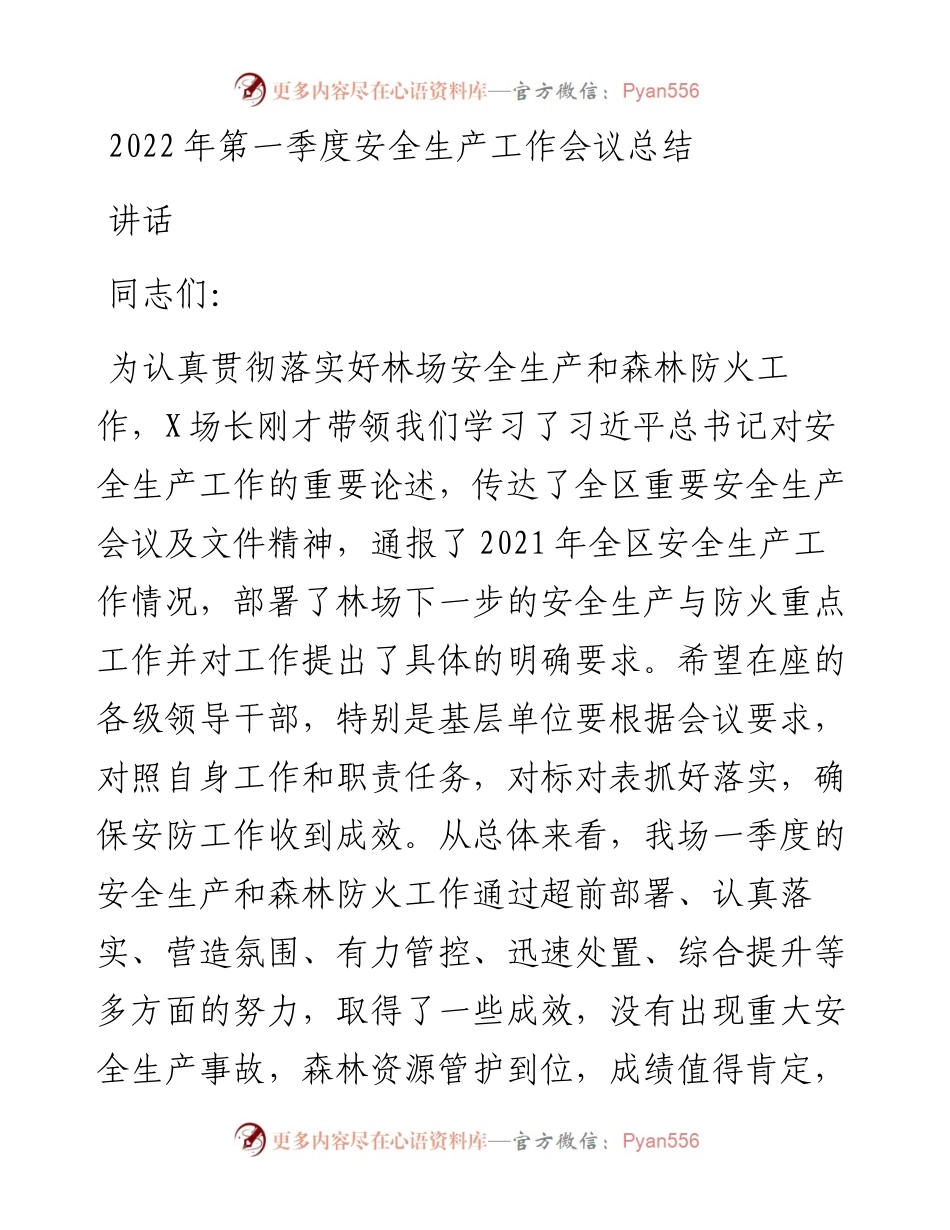 第一季度安全生产工作会议总结讲话.docx_第1页