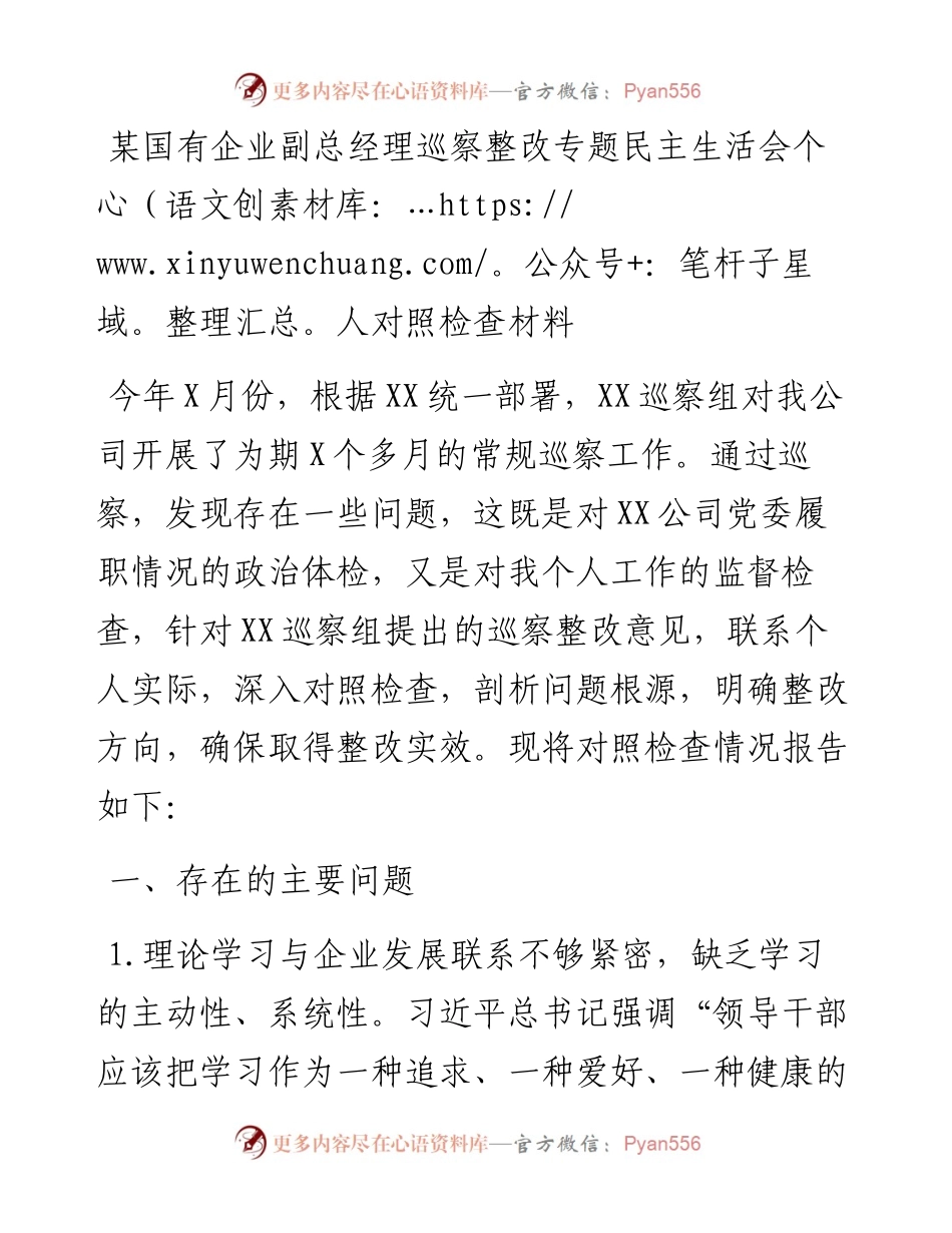某国有企业副总经理巡察整改专题民主生活会个人对照检查材料.docx_第1页