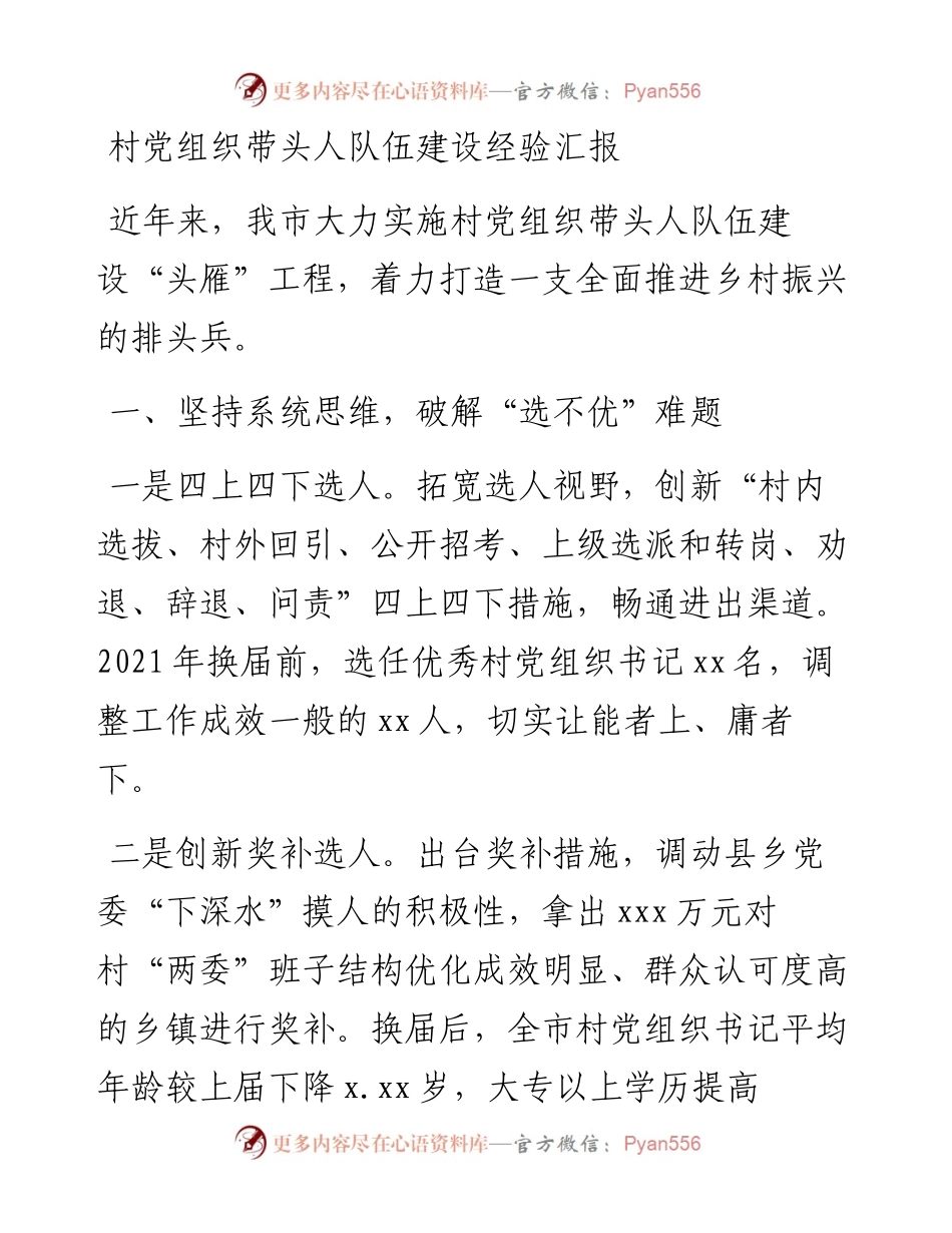 村党组织带头人队伍建设经验汇报.docx_第1页