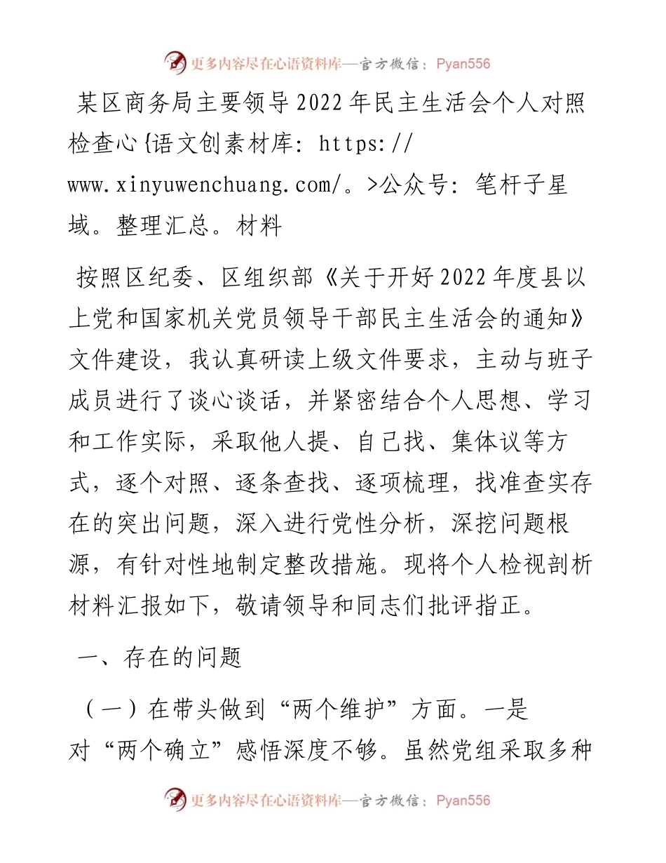 某区商务局主要领导民主生活会个人对照检查材料.docx_第1页