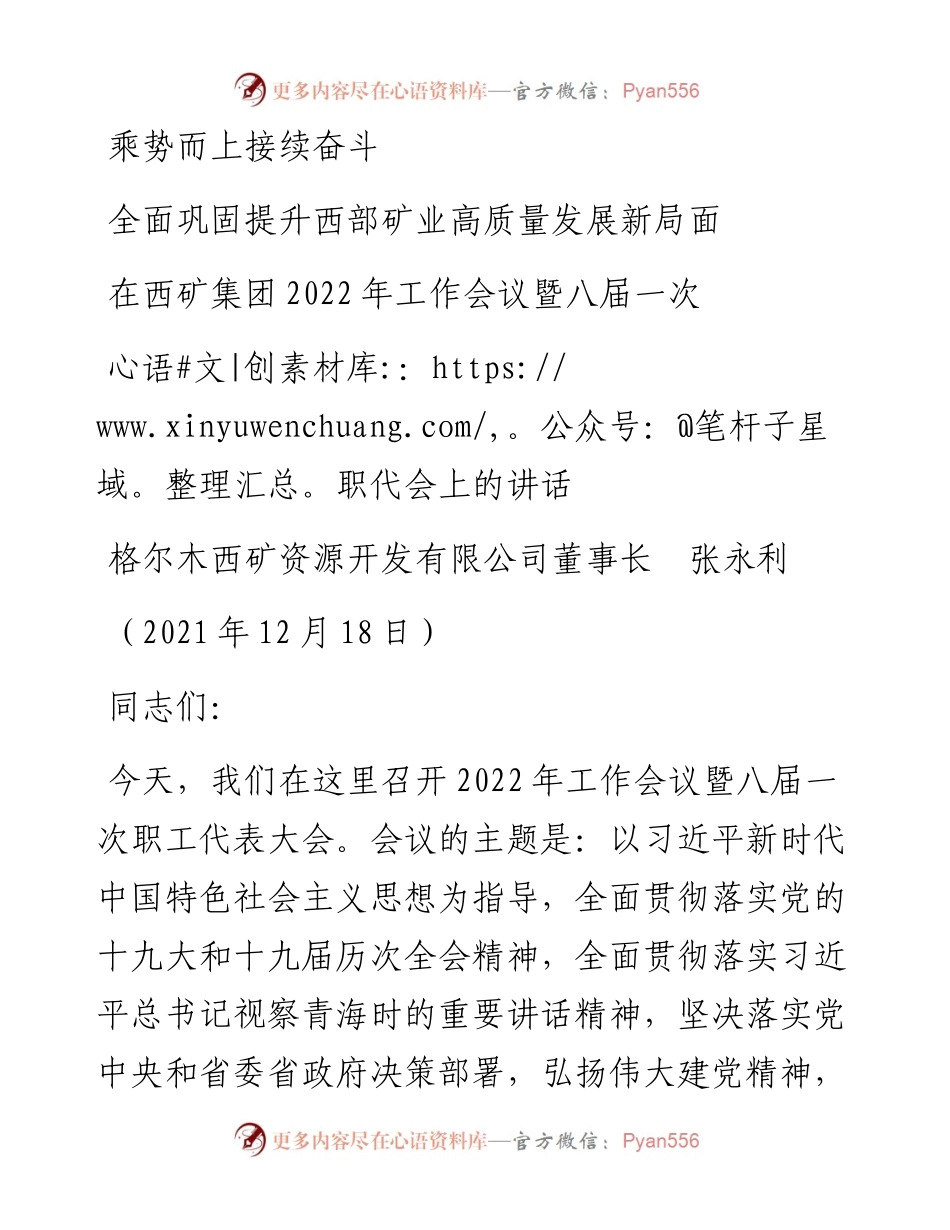 格尔木西矿资源开发有限公司董事长张永利：在西矿集团工作会议暨八届一次职代会上的讲话.docx_第1页